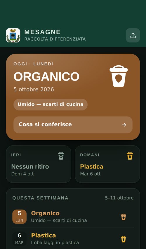 L’app Differenziata Mesagne su uno smartphone: la raccolta di oggi in primo piano, quelle di ieri e di domani e il calendario della settimana.