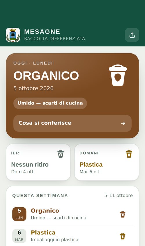 L’app Differenziata Mesagne su uno smartphone: la raccolta di oggi in primo piano, quelle di ieri e di domani e il calendario della settimana.