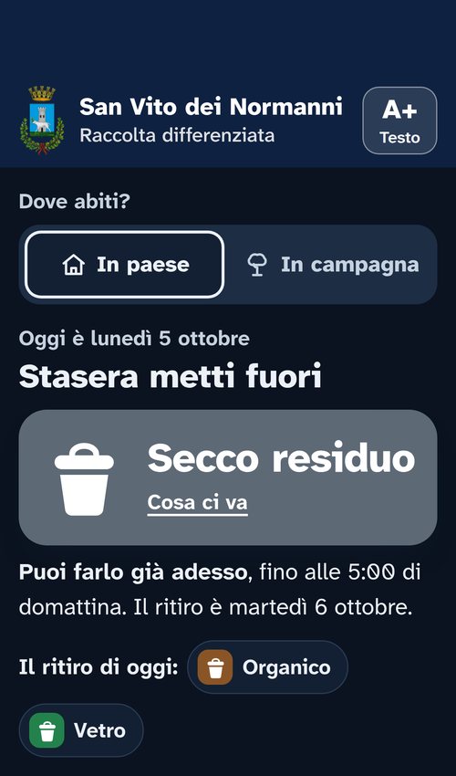 L’app Differenziata San Vito dei Normanni su uno smartphone: la scelta tra paese e campagna e, in evidenza, il rifiuto da mettere fuori stasera.
