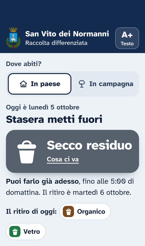 L’app Differenziata San Vito dei Normanni su uno smartphone: la scelta tra paese e campagna e, in evidenza, il rifiuto da mettere fuori stasera.